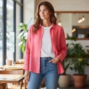 Nicole Miller Shirt Button Front Long Sleeve Linen Orange Pink Stripe Size Large